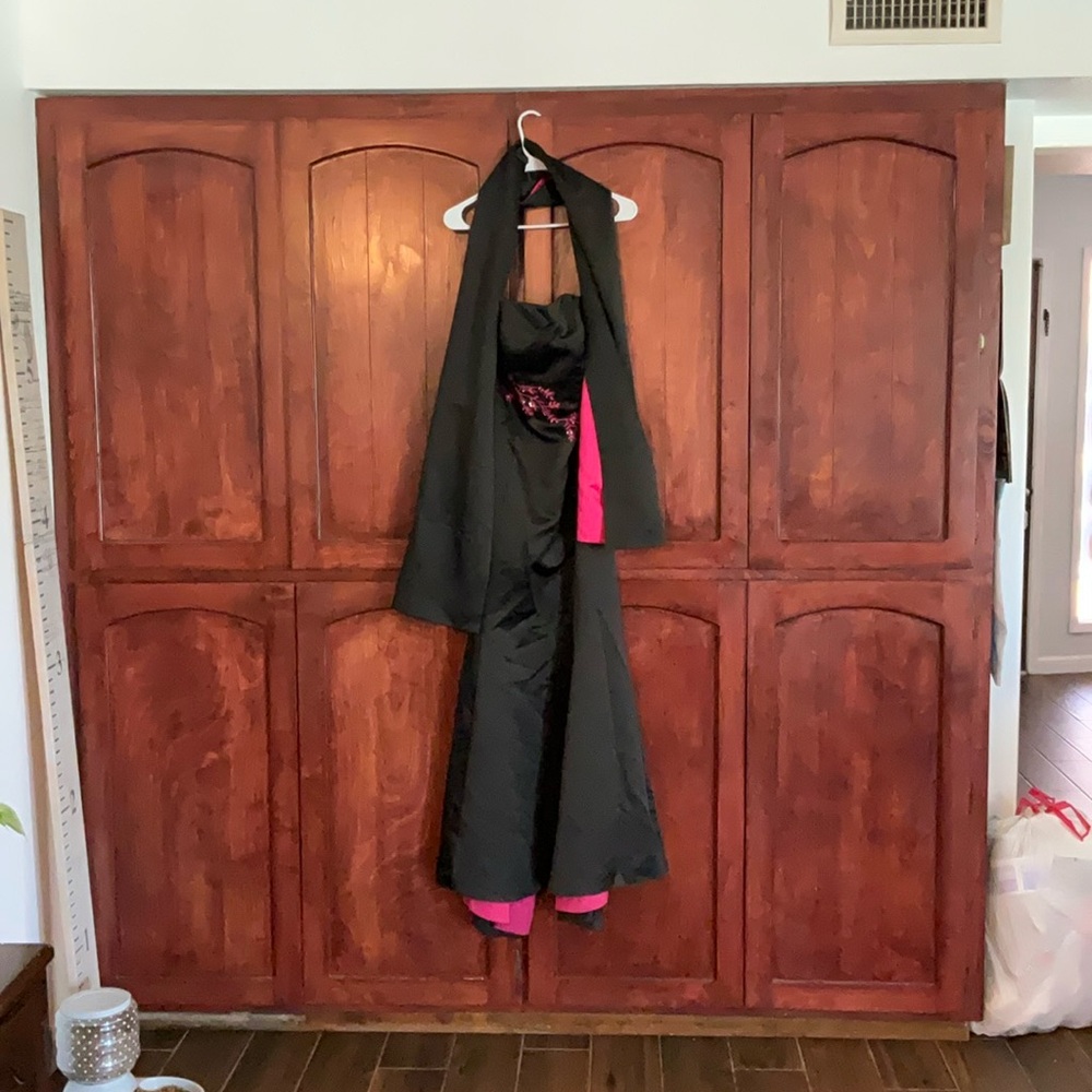 David’s Bridal Vintage 90's satin, black/hot pink, prom dress, with shawl